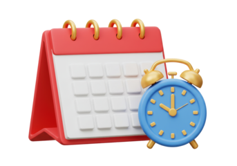 Red calendar and blue alarm clock isolated PNG, time management concept for planning and scheduling appointments