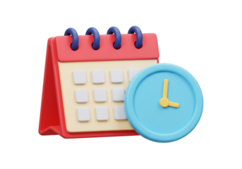 3D rendering of a calendar and clock isolated PNG, time management concept for planning and scheduling appointments and deadlines
