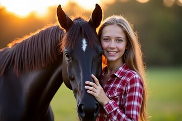 Obraz premium Young girl hugging horse on farm, rural lifestyle, animal care, outdoor nature.
