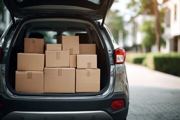 Packed cardboard boxes loaded in the trunk of a car parked outdoors, symbolizing moving, travel, and the beginning of a new journey or adventure in life