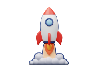 Cartoon rocket ship taking off isolated PNG, startup concept for business and technology projects on transparent background