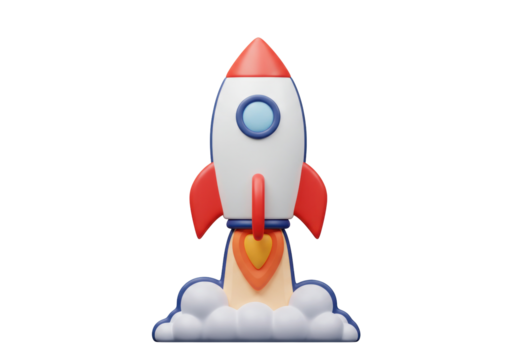 Cartoon rocket ship taking off isolated PNG, startup concept for business and technology projects on transparent background