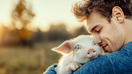 Man holding piglet in arms outdoors, natural background, animal care, rural life.