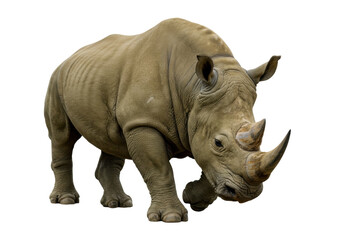 Majestic rhinoceros isolated on transparent background, powerful African wildlife animal with thick skin and two horns in PNG format