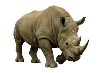Majestic rhinoceros isolated on transparent background, powerful African wildlife animal with thick skin and two horns in PNG format
