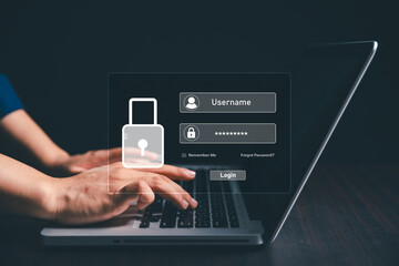 User accesses secure internet system through advanced high technology, username, password, ensuring encryption, strong cybersecurity for information security. using biometric identification