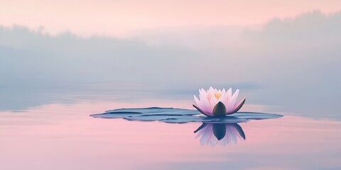 Single pink flower is floating on the surface of a calm body of water