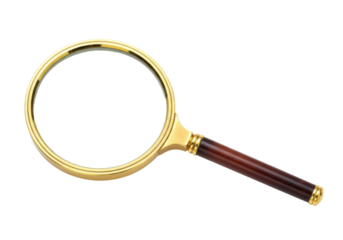 Magnifying glass with gold frame and wooden handle isolated, tool for investigation and reading on transparent background