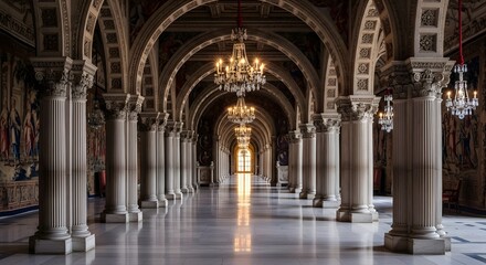 Grand hall interior architecture with chandeliers and columns luxury design and marble floor detail