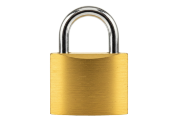 Brass padlock isolated on transparent background, security lock for safety and protection in PNG format