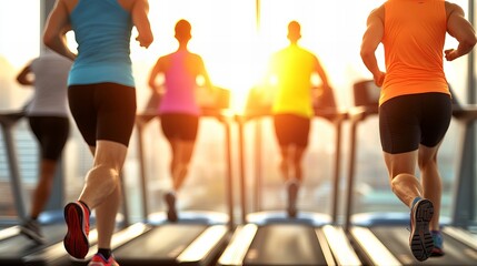 Runners on treadmills in gym with backlit sun, symbolizing cardio training, group workout, and fitness energy. Silhouettes and motion blur emphasize movement and athletic focus.