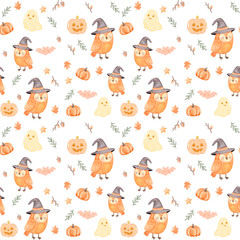 Cute Watercolor Halloween Owl Pattern with Pumpkins and Ghosts