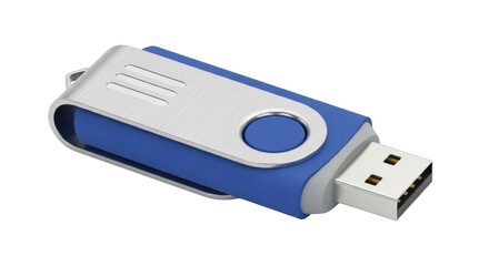 Isolated blue USB flash drive with brushed aluminum case for data transfer and storage