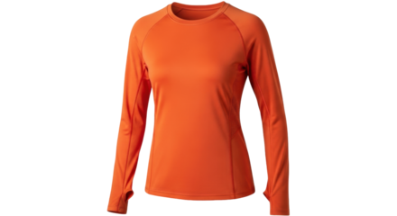 Isolated burnt-orange long-sleeve athletic shirt for women, workout clothing for the active lifestyle