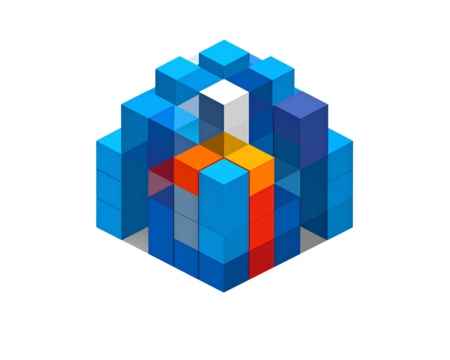  3D geometry Abstract bulding company vector logo icon. Building from blocks on a fla 