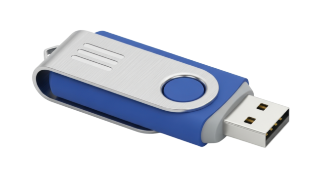 Isolated blue USB flash drive with brushed aluminum case for data transfer and storage