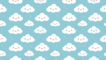 Adorable repeated pattern of smiling, fluffy white clouds on a pale blue backdrop