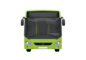 Green bus isolated on transparent background, front view of modern passenger transport for city travel and tourism