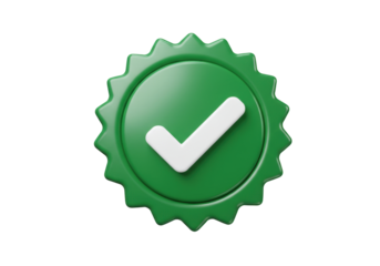 Green approval check mark PNG isolated on transparent background, verified badge graphic for social media and user interface design