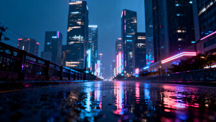 Obraz premium Cyberpunk City Rainy Night with Holographic Neon Lights and Flying Car Light Trails