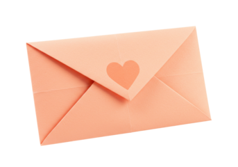 Peach envelope with heart isolated on transparent background, love letter stationery for Valentine s Day and romantic correspondence