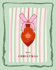 Merry Christmas and Happy New Year background. Modern Christmas design with christmas toy and ribbon. Vintage style. 
