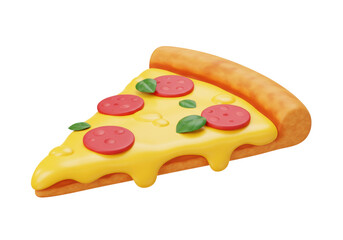 Delicious pepperoni pizza slice isolated PNG, 3D render of fast food with melted cheese and basil on transparent background