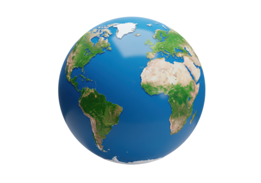 Earth globe isolated PNG, realistic 3D rendering of world continents and oceans for geography and science projects on transparent background