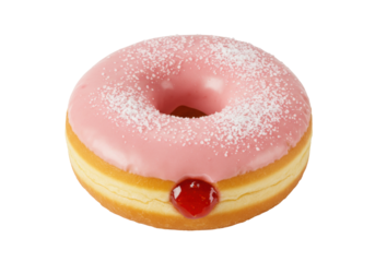 Pink frosted donut with jelly filling isolated, delicious doughnut with powdered sugar for dessert or snack on a transparent background