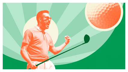 Creative collage. Celebrating golfer with raised fist and club against radiant background. Concept of victory, motivation, business leadership, lifestyle energy and branding success.