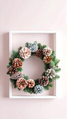 Festive Pine Cone Wreath in White Square Frame on Pink Wall.
