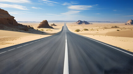 Fototapeta premium Endless asphalt road stretching through the vast desert landscape under a clear blue sky