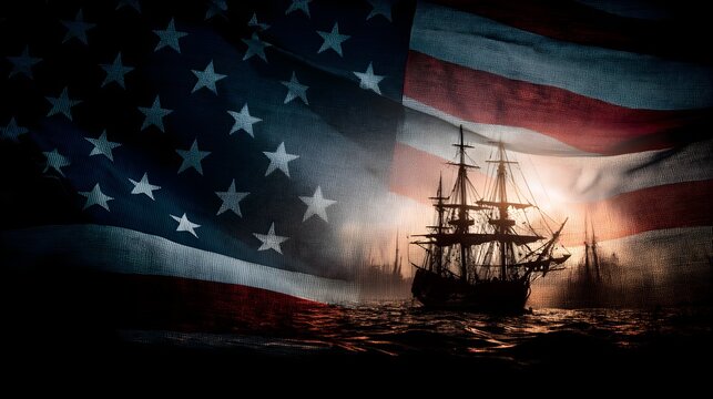 Dramatic American flag with historic sailing ship silhouette at sunset, patriotic and inspiring.