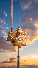 Christmas gingerbread cookies shaped like stars and bells hanging on a pole against a sunset sky.