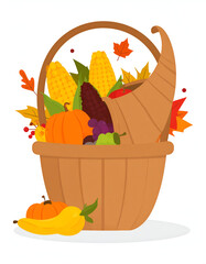 Thanksgiving cornucopia horn of plenty in a basket with autumn harvest vegetables.