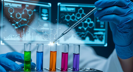 Scientist conducting experiments with colorful liquids in test tubes.
