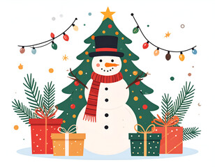 Festive Christmas scene with snowman, tree, and gifts, holiday celebration.