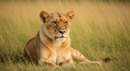 Lioness resting in the grass wildlife photography of african big cat predator in natural habitat africa safari