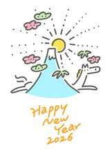走る白馬と富士山と初日の出の線画のポップな年賀状　2026 松竹梅・正月素材