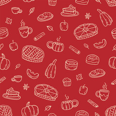 Cute autumn pattern. Cozy hand-drawn seamless texture with fall bakery - apple pie, pumpkin pie, cinnamon roll, cookies. Vector pattern for wrapping paper or textile on red background