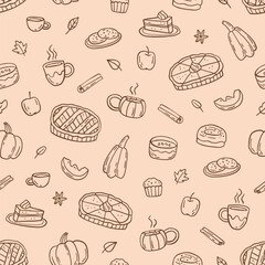 Cute autumn pattern. Cozy hand-drawn seamless texture with fall bakery - apple pie, pumpkin pie, cinnamon roll, cookies. Vector pattern for wrapping paper or textile on beige background