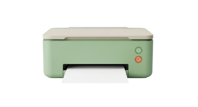 Isolated modern pastel green printer on a neutral backdrop in front view, ready to print