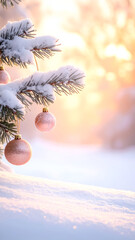 Close up of snow covered pine tree branch with pink ornaments and soft golden light.