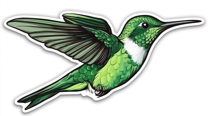 Obraz premium Green hummingbird in flight, white background, nature graphic, sticker design