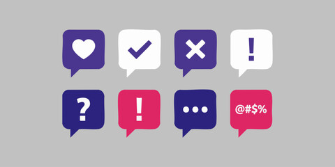 Set of speech bubble icons with social media symbols and punctuation marks