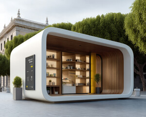 Modern food kiosk exterior with curved white structure, wooden interior, large display shelves, and urban plaza setting, inviting atmosphere