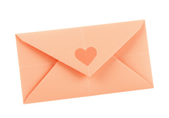Peach colored envelope with heart cutout isolated on transparent background, love letter stationery for Valentine s Day
