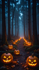 Spooky Halloween Night - Jack-o-Lanterns Illuminate a Misty Forest Path.