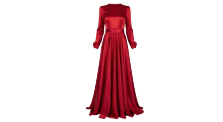 Isolated red satin evening gown on display, long sleeve formal floor-length dress