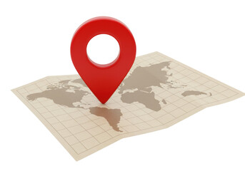 Red map pointer isolated on world map PNG, location pin icon for travel destination and navigation concept
